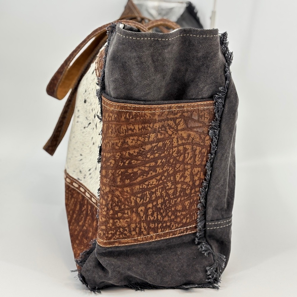 Myra Asher Weekender Bag Womens Large Brown Cowhide Leather Canvas S-6780 NWT - Picture 2 of 14